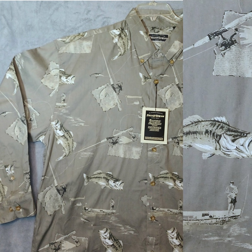 Vintage Field & Stream Shirt Mens Extra Extra Large Grey Fishing Boat Rod *READ